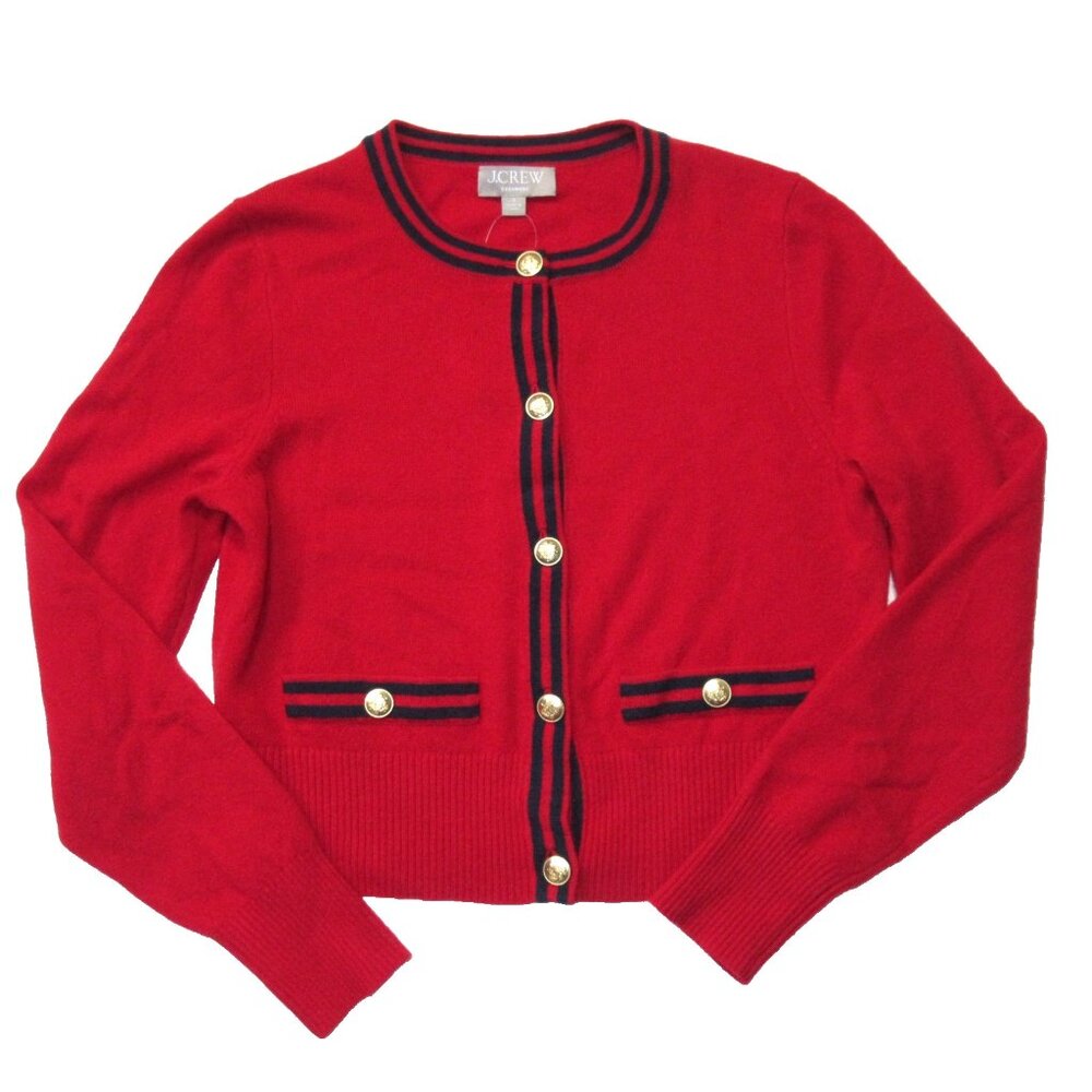 NWT J.Crew Cashmere Sweater Lady Jacket in Cardinal Red Navy Contrast Trim L - Picture 5 of 7